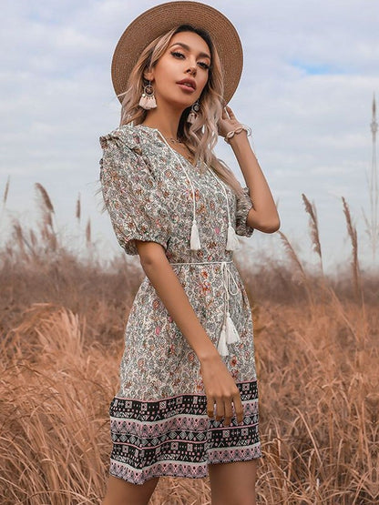 Floral Print Puff Sleeve A-Line Mini Dress