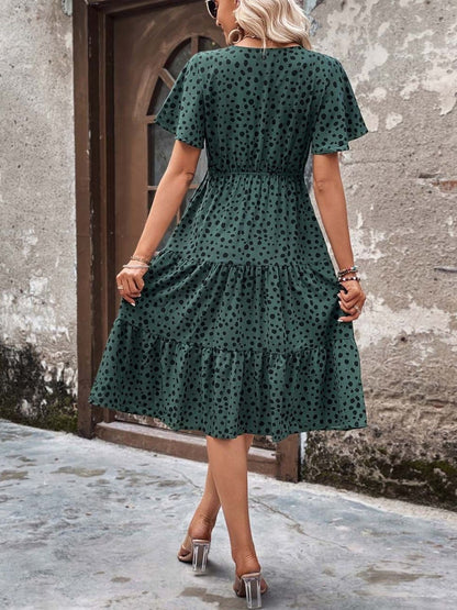 NOWI Polka Dot Printed Flared Sleeve Fit & Flare Midi Dress