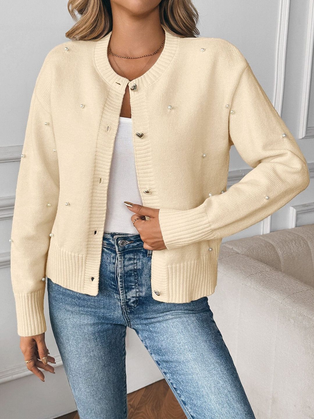 Women Woollen Cardigan with Embellished Detail