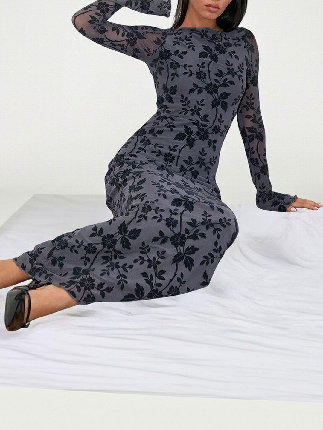 Floral Print Flared Sleeve Sheath Maxi Dress