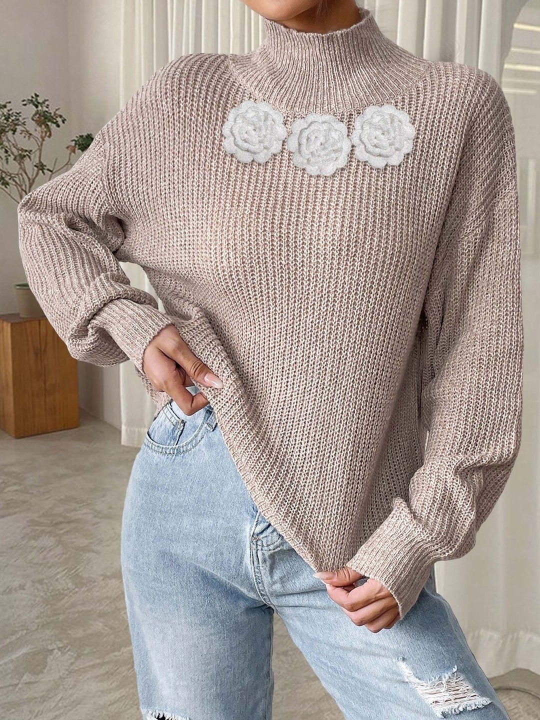 Women Ribbed Pullover with Applique Detail
