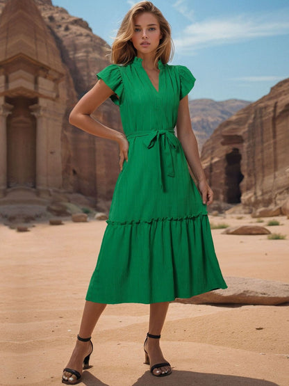 Puff Sleeve Fit & Flare Midi Dress in Green cotton Style 496 - Nowi Korean Fashion