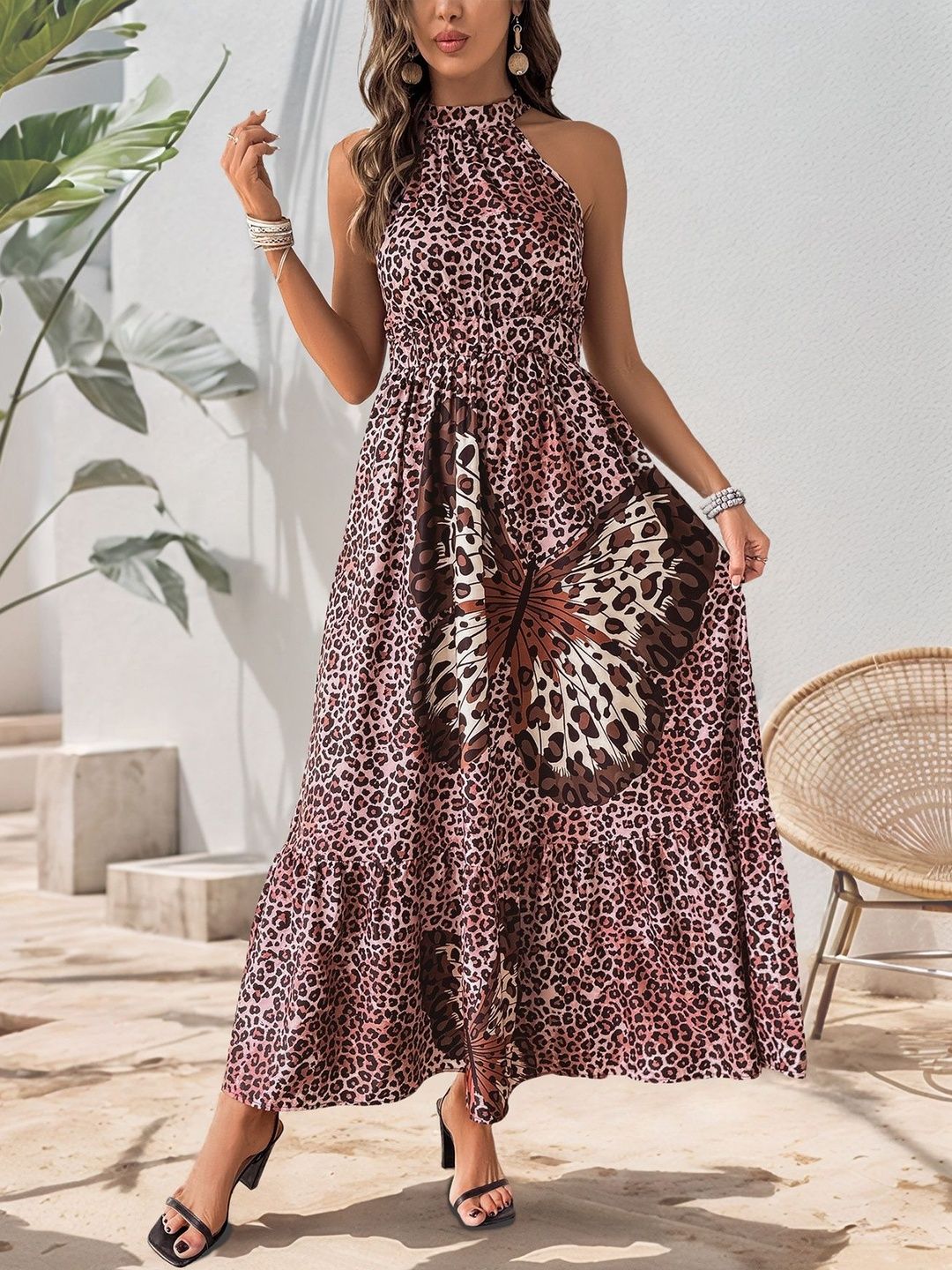 Animal Print Halter Neck A-Line Maxi Dress