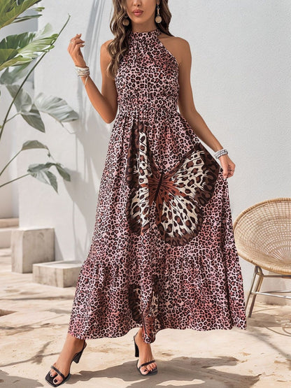 Animal Print Halter Neck A-Line Maxi Dress
