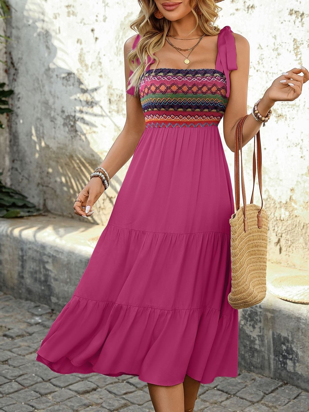 Colourblocked A-Line Midi Dress