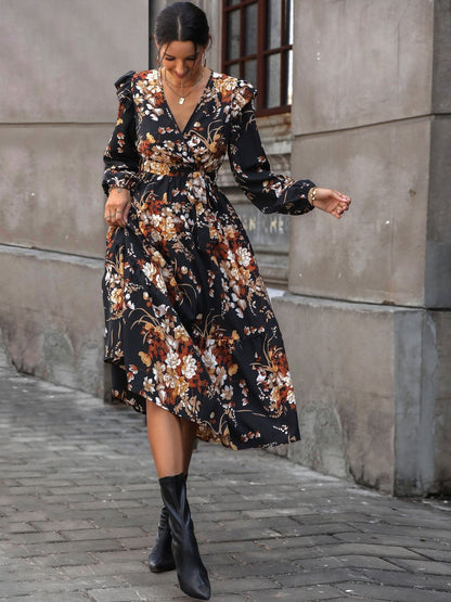 Women's Black Floral Print Puff Sleeve Ruffled Midi Dress