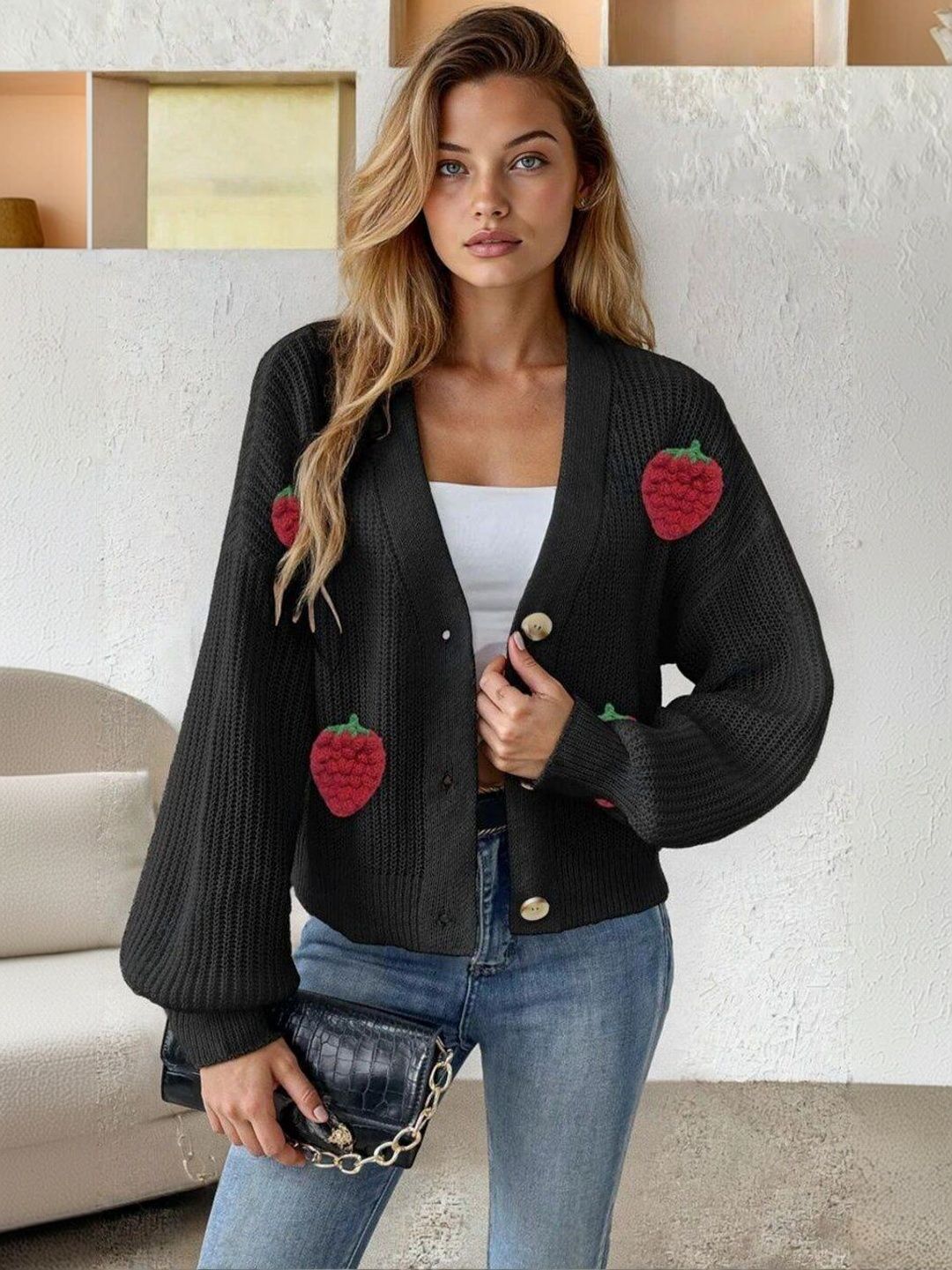Cable Knit Cardigan with Applique Detail in Black acrylic - Nowi Korean Fashion