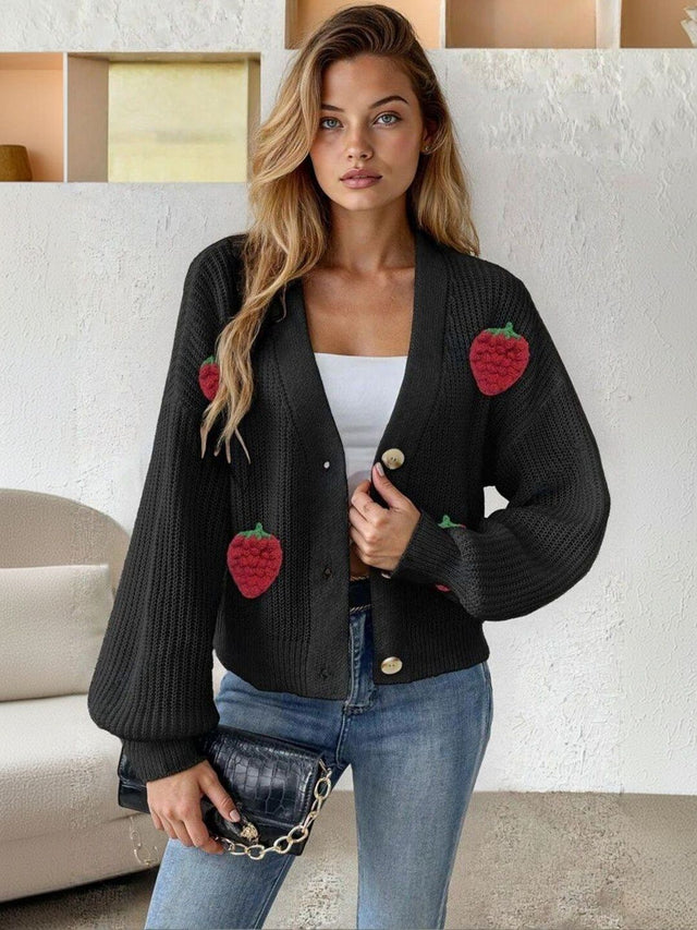 Cable Knit Cardigan with Applique Detail in Black acrylic - Nowi Korean Fashion
