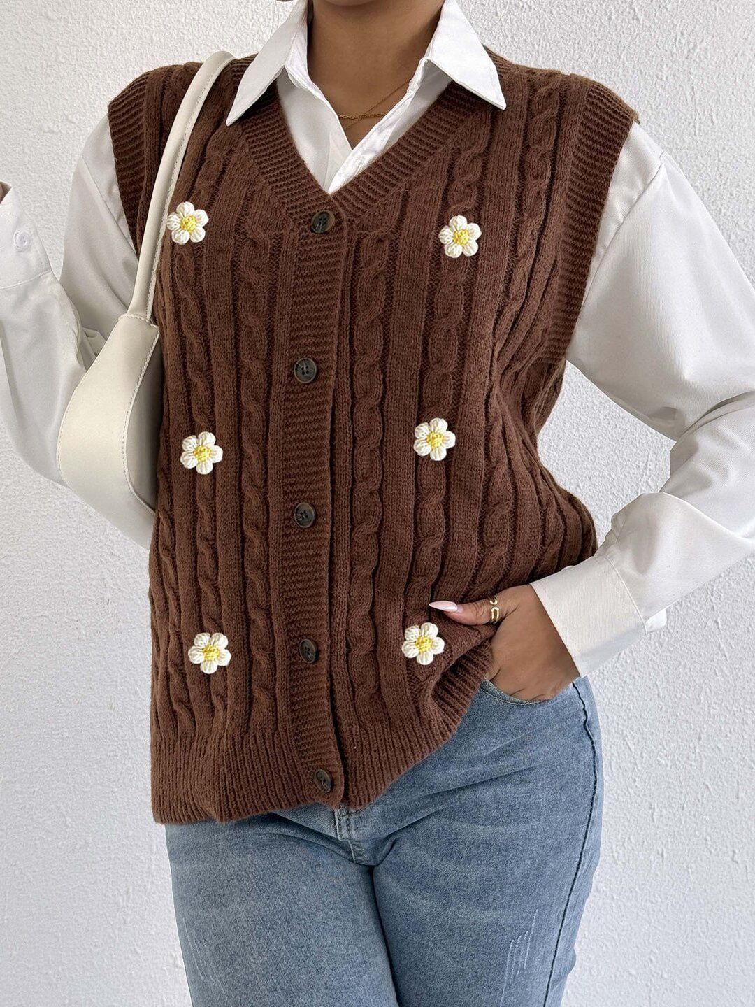 Women Cable Knit Ribbed Sweater Vest with Embroidered Detail