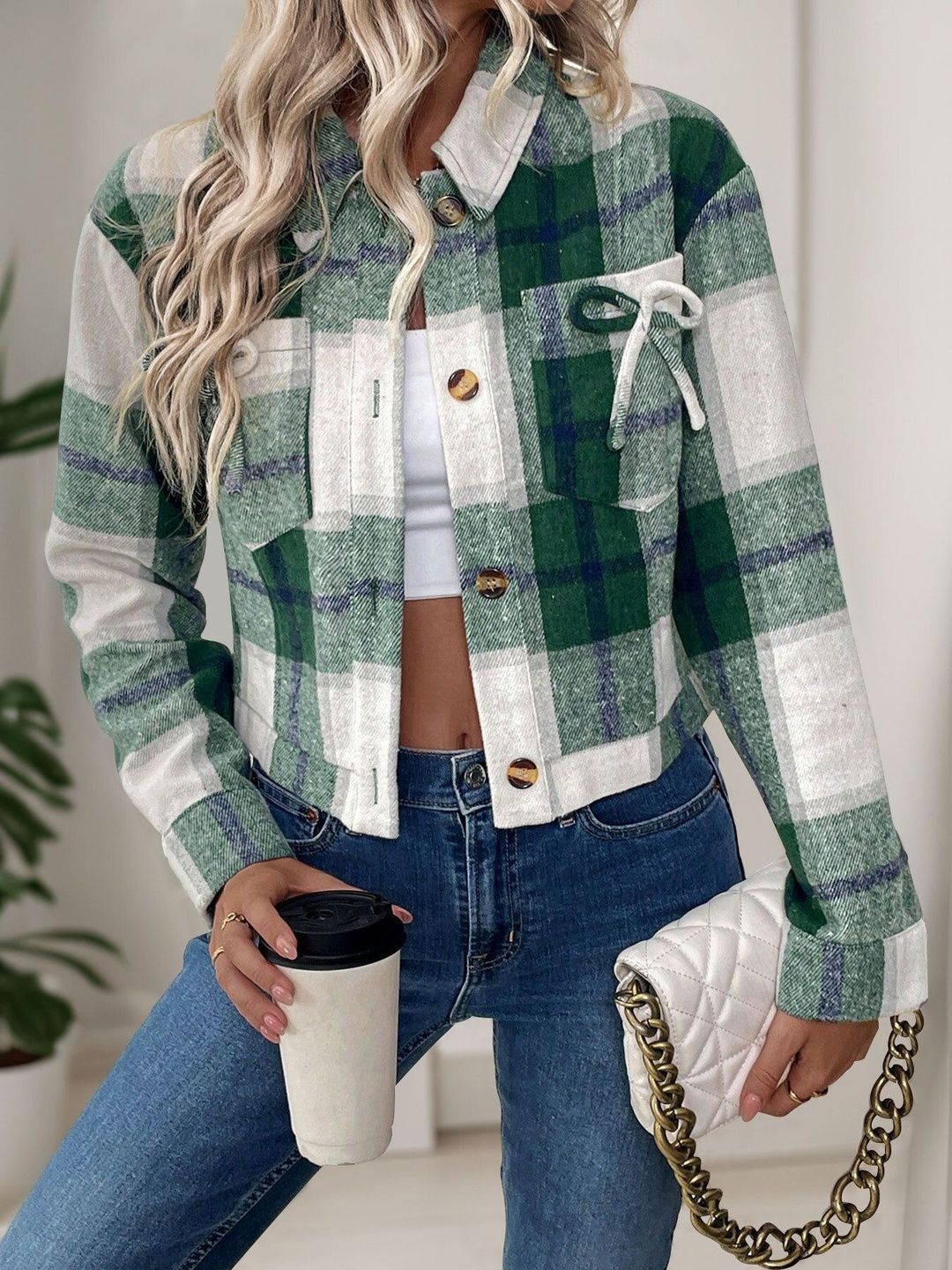 Checked Crop Tailored Jacket - Nowi Korean Fashion