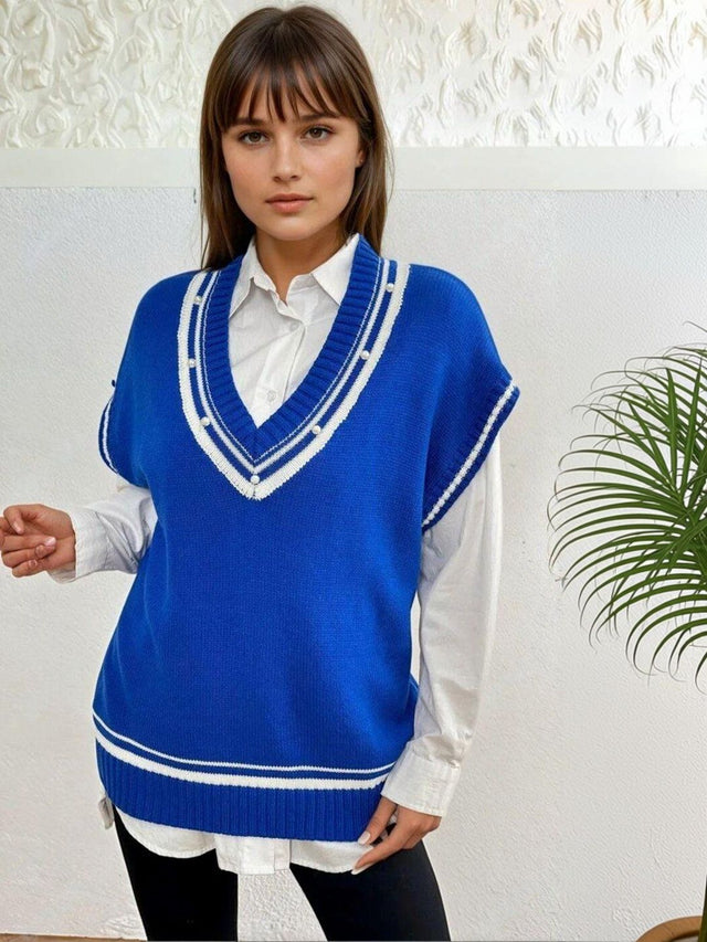 Colourblocked Sweater Vest with Embellished Detail in Blue acrylic - Nowi Korean Fashion