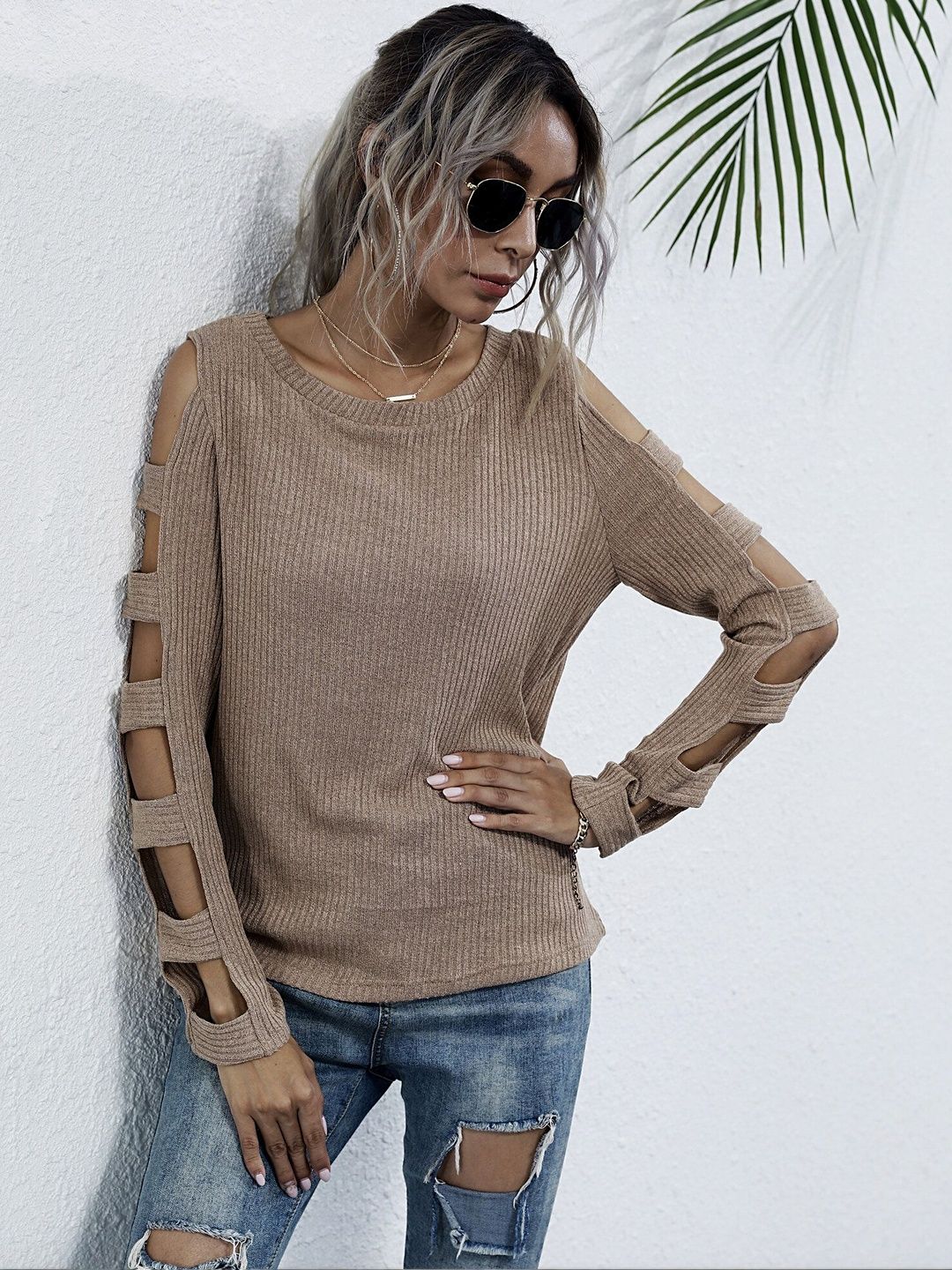Ribbed Pullover in Brown Style 221 - Nowi Korean Fashion