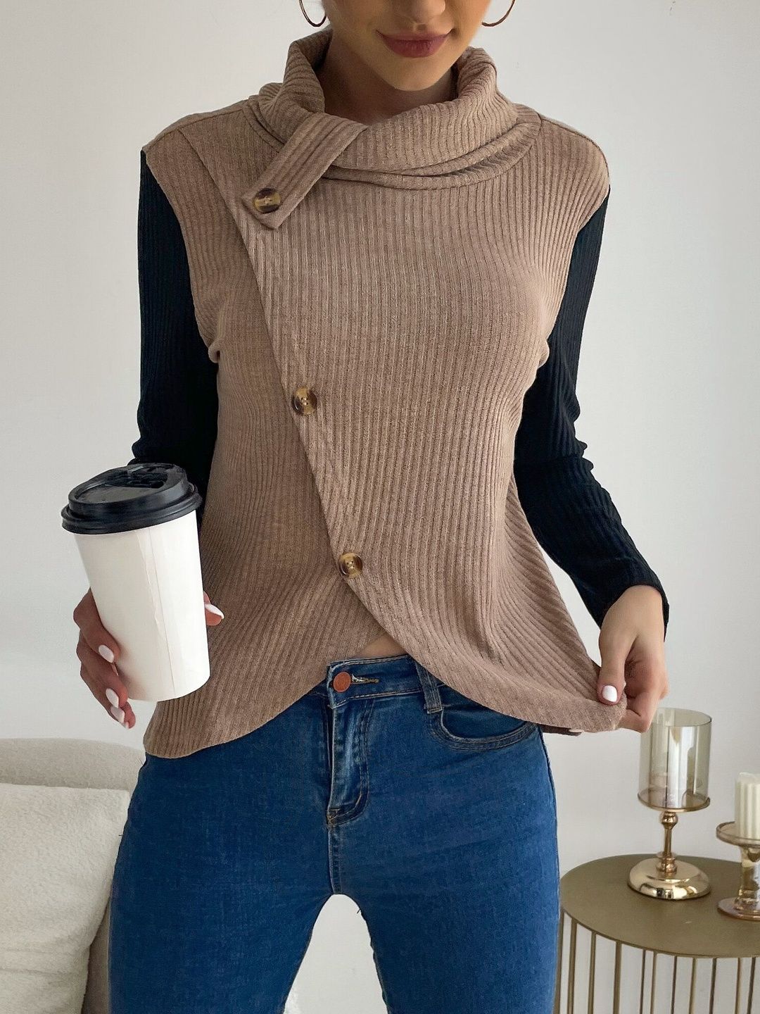 Women's Brown Ribbed Cowl Neck Sweater