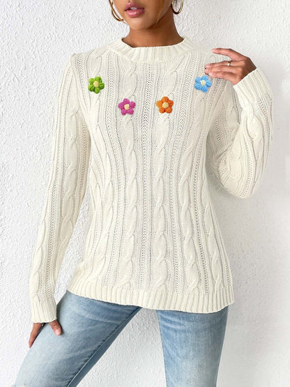 Women Cable Knit Pullover with Applique Detail