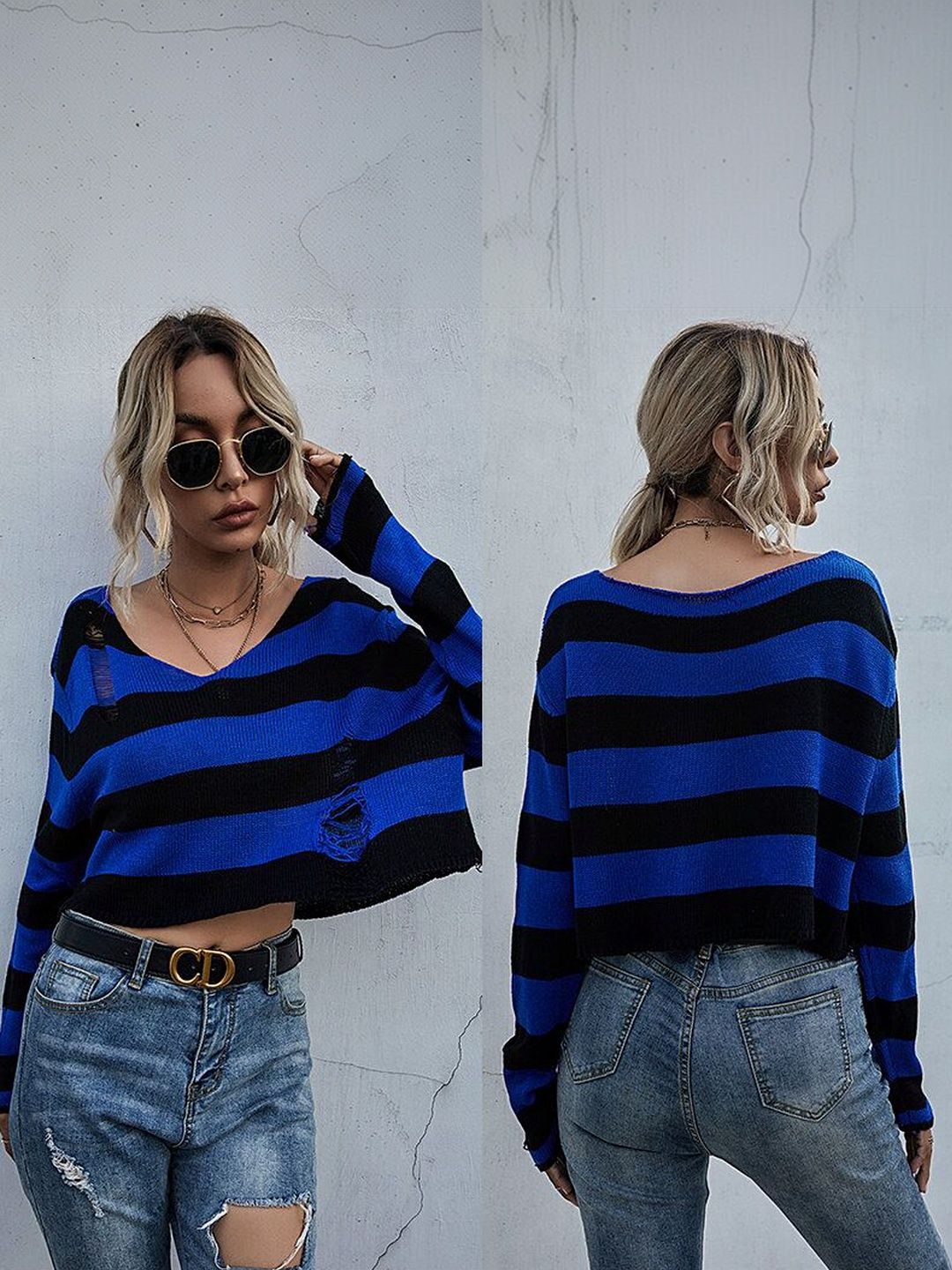 Women's Blue Striped Crop Pullover
