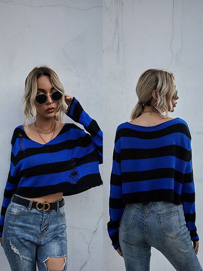Women's Blue Striped Crop Pullover
