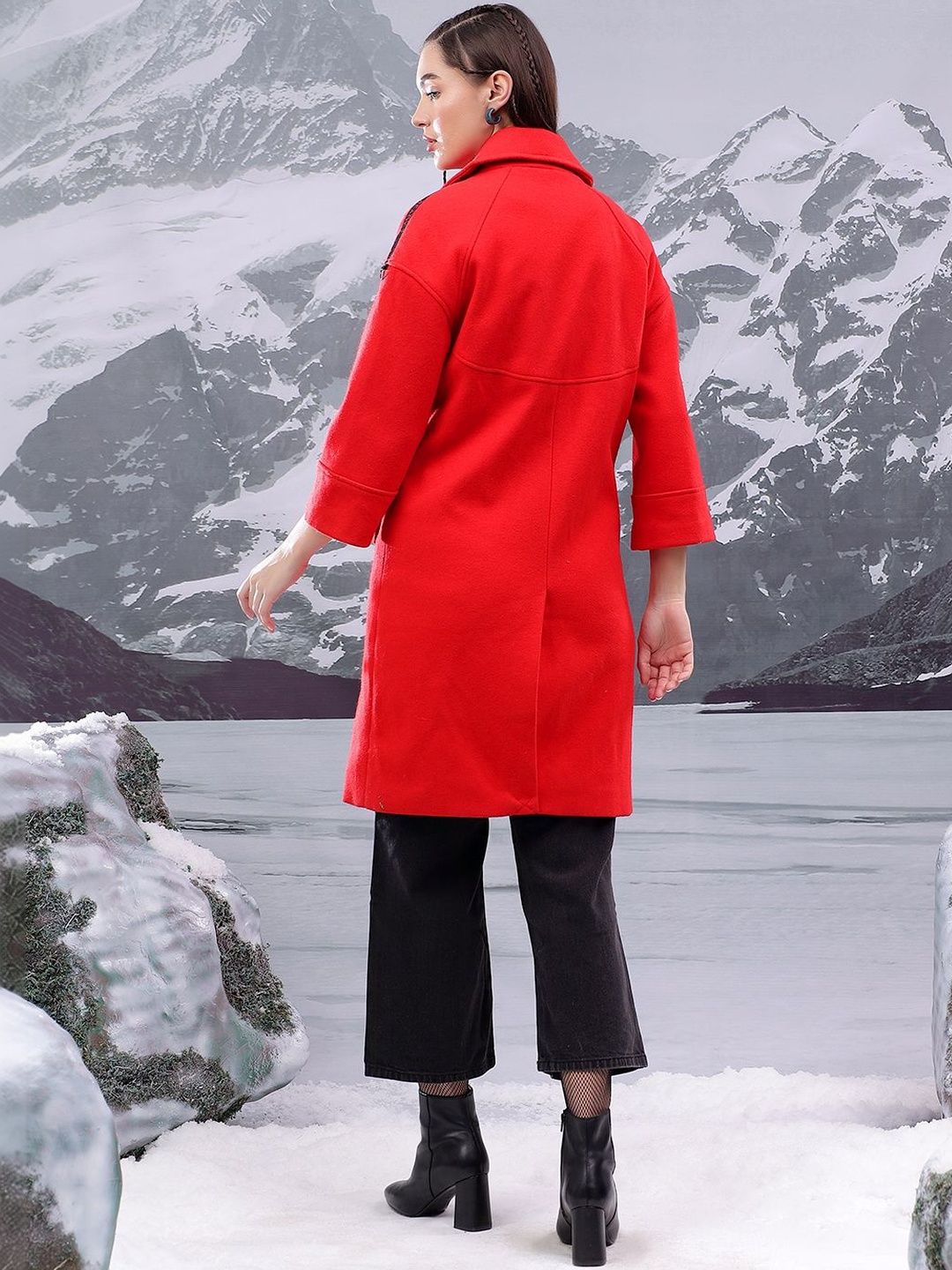 NOWI Solid Notched Lapel Double-Breasted Longline Cotton Casual Blazer