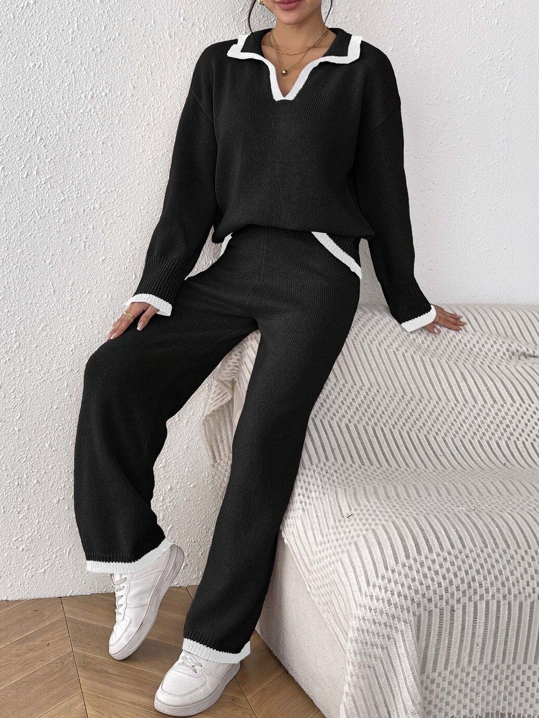 Knitted Solid Sweater with Palazzos