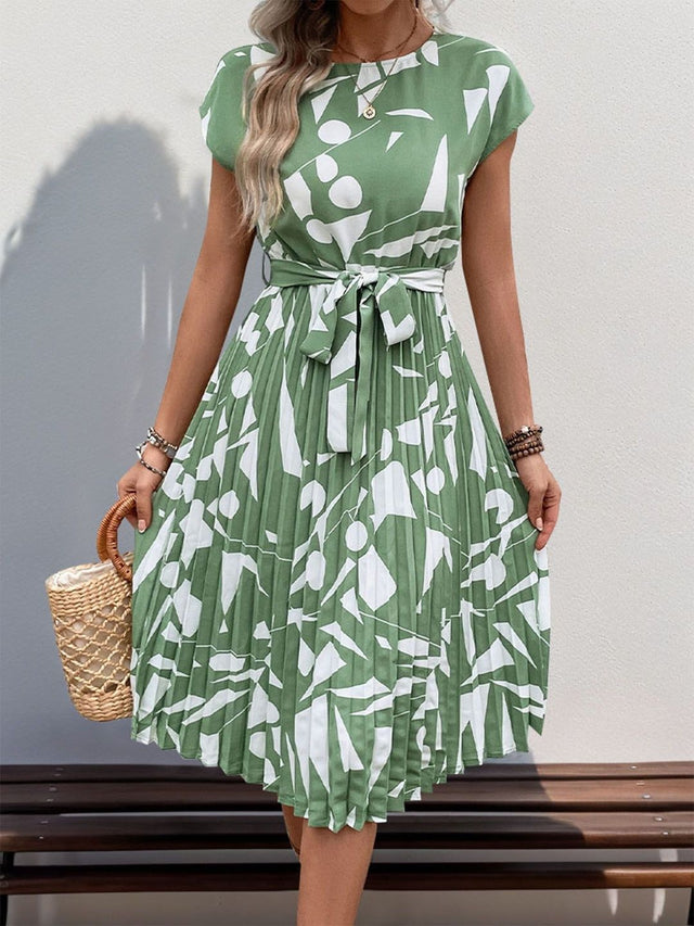 Printed Fit & Flare Midi Dress in Green - Nowi Korean Fashion