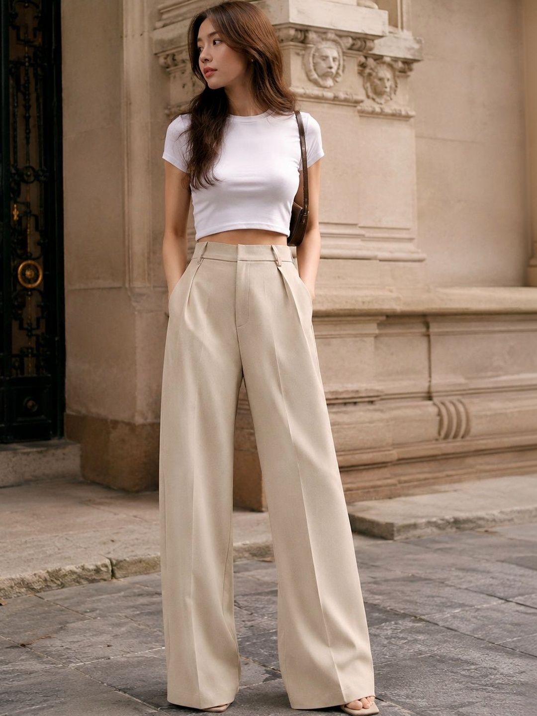 Women Tailored Straight Fit High-Rise Wrinkle Free Pleated Button Trousers