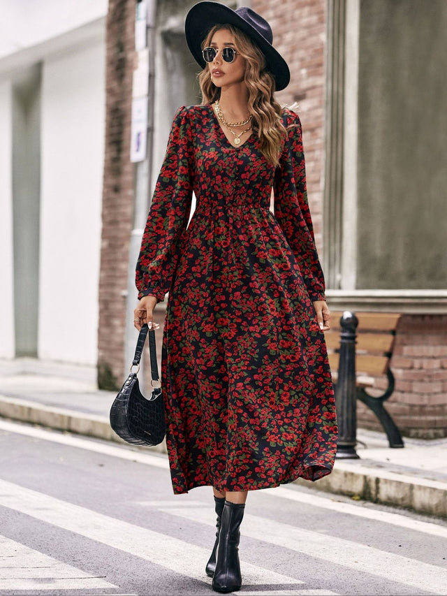 Floral Print A-Line Midi Dress in Black Style 376 - Nowi Korean Fashion