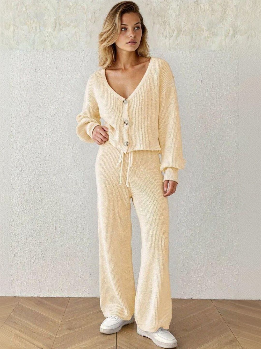 Ribbed Cardigan in Beige acrylic - Nowi Korean Fashion