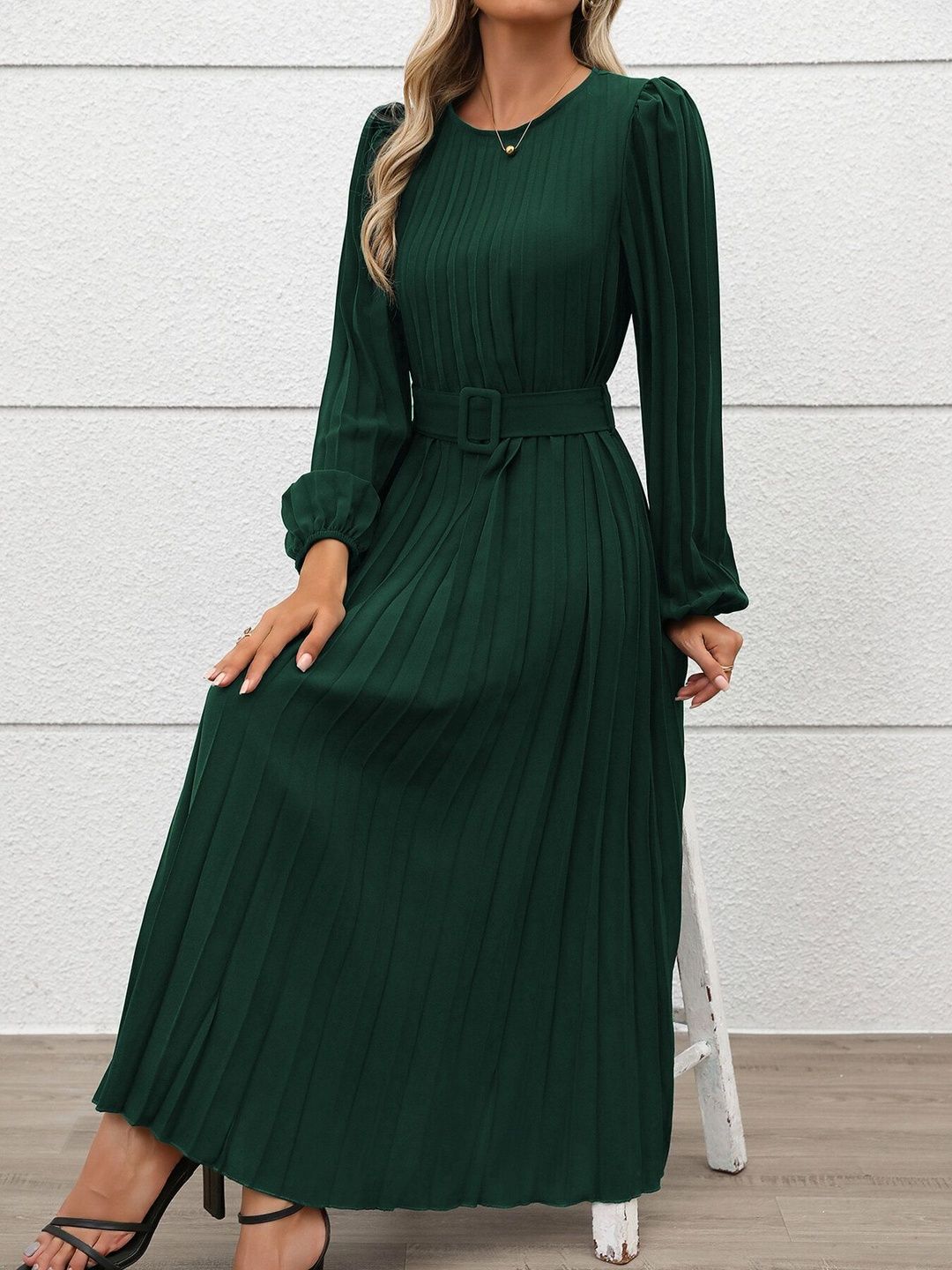 Women's Green Puff Sleeve A-Line Midi Dress Blend Printed