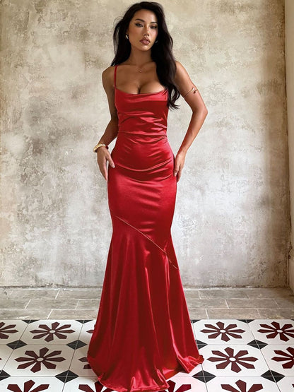 Cowl Neck Maxi Dress in Red silk - Nowi Korean Fashion