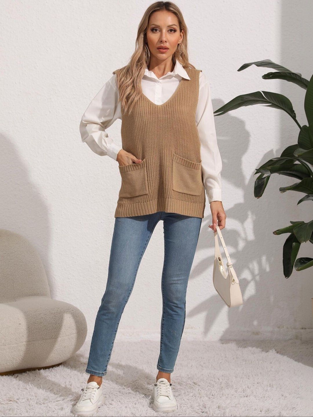 Ribbed Sweater Vest in Brown acrylic Style 553 - Nowi Korean Fashion