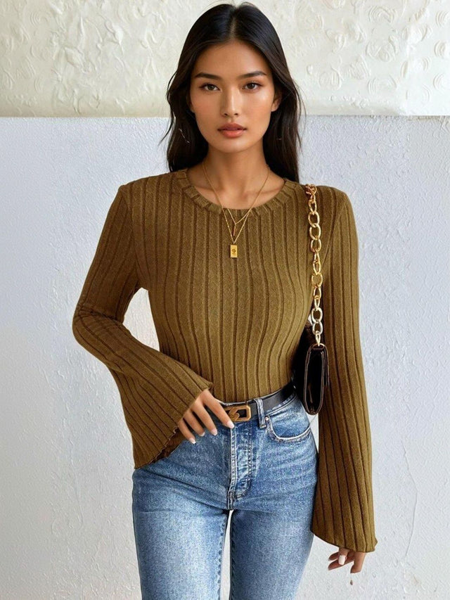 Ribbed Pullover in Green acrylic Style 674 - Nowi Korean Fashion