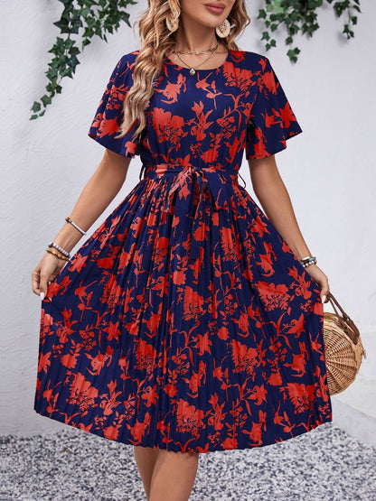 Floral Print Flutter Sleeve Fit & Flare Midi Dress - Nowi Korean Fashion