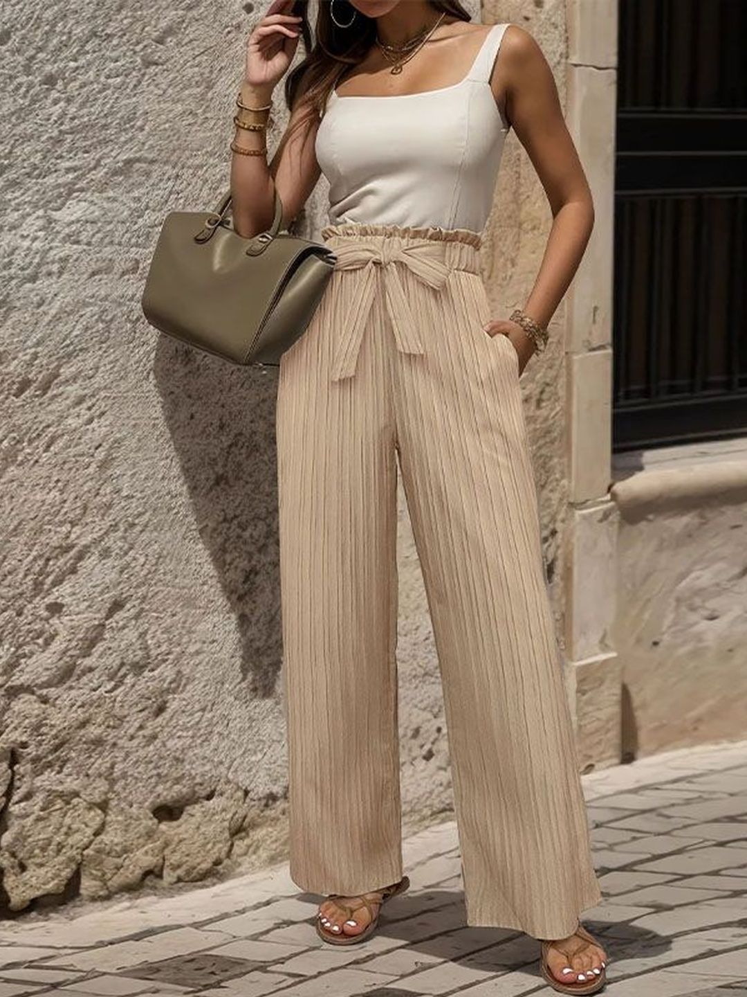 Textured High-Rise Non Iron Pleated Trousers - Nowi Korean Fashion