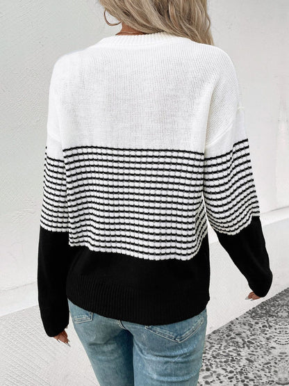 Women's White Striped Colourblocked Pullover