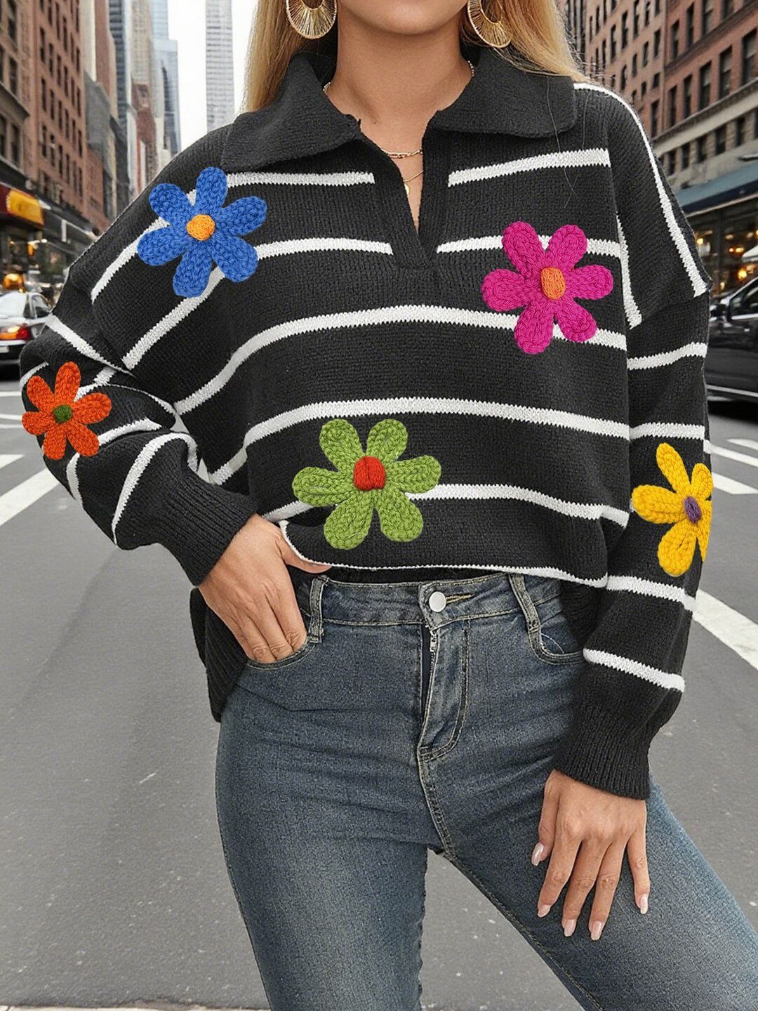 Women Striped Pullover with Embroidered Detail