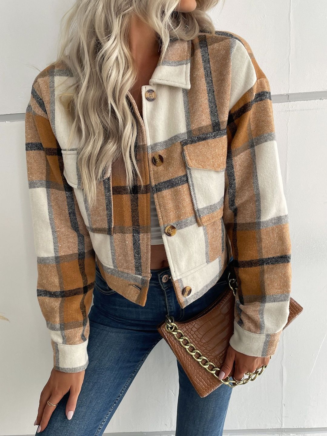 Women Checked Crop Tailored Jacket