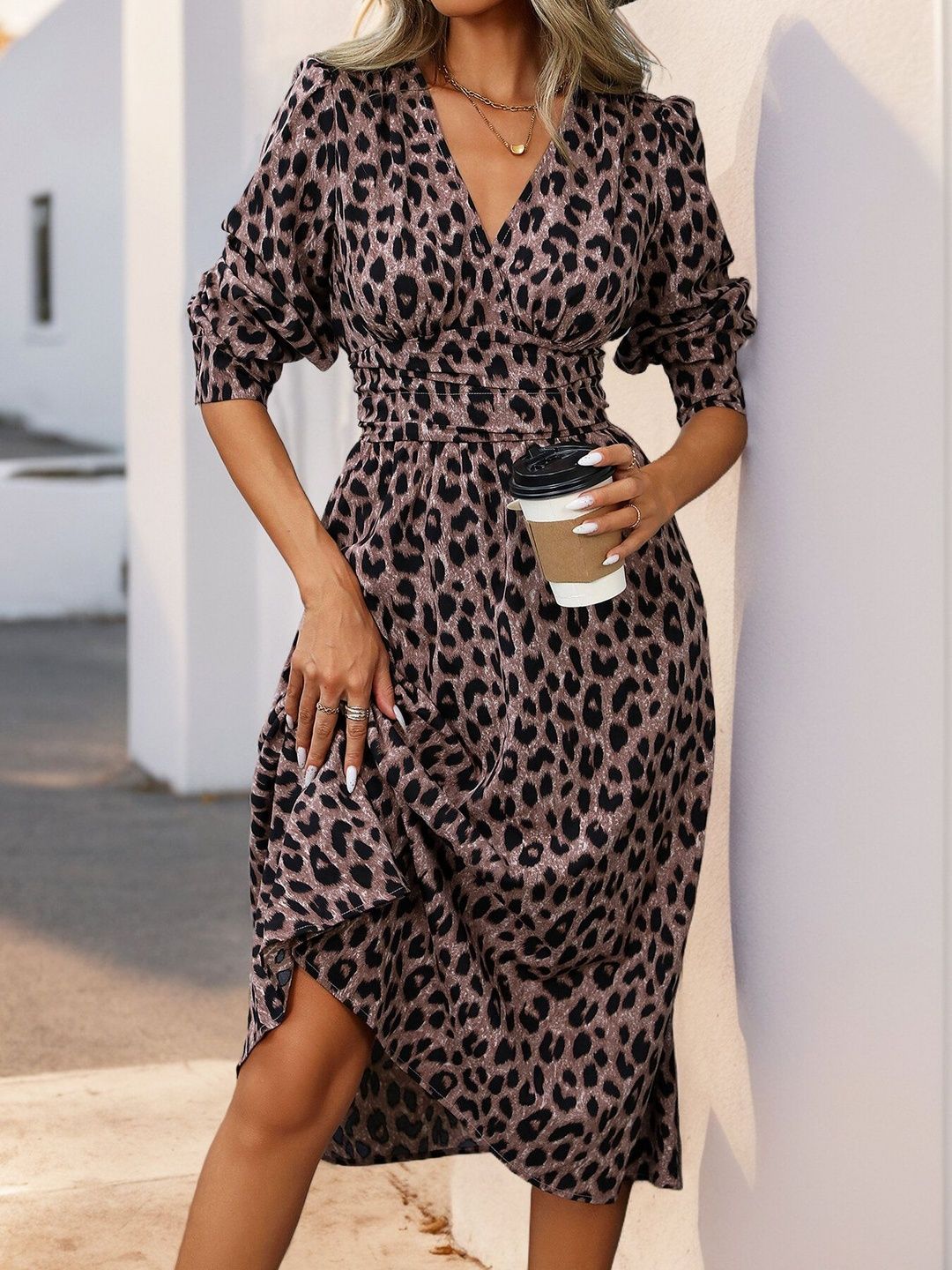 Animal Print Midi Dress in Brown - Nowi Korean Fashion