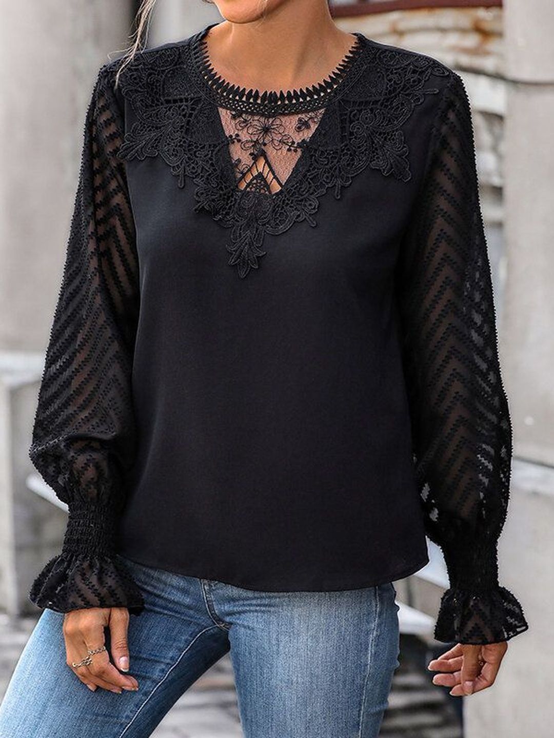 Embellished Bishop Sleeves Ruffles Top in Black - Nowi Korean Fashion