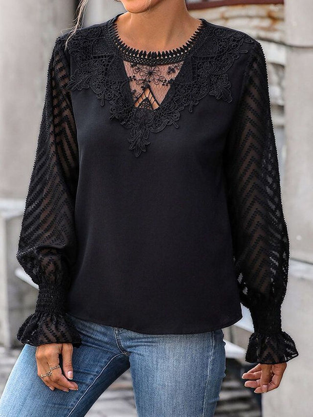 Embellished Bishop Sleeves Ruffles Top in Black - Nowi Korean Fashion