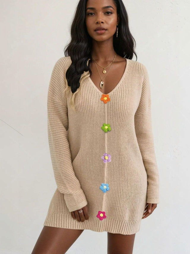 Pullover with Embroidered Detail in Beige acrylic Long Sleeve - Nowi Korean Fashion