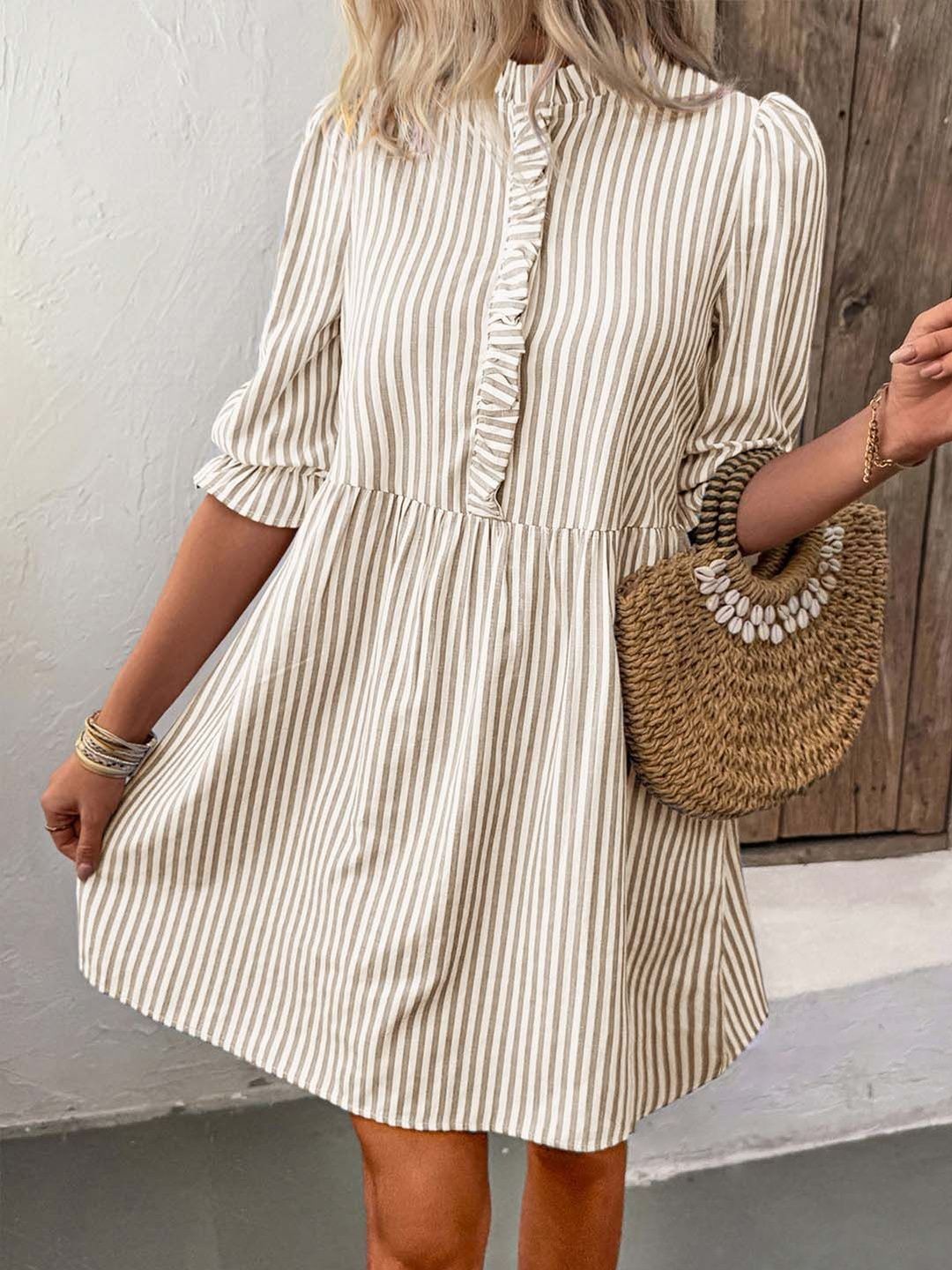 Striped Puff Sleeve Ruffled A-Line Dress