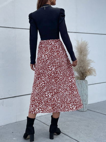 Women's Black Print Puff Sleeve A-Line Midi Dress