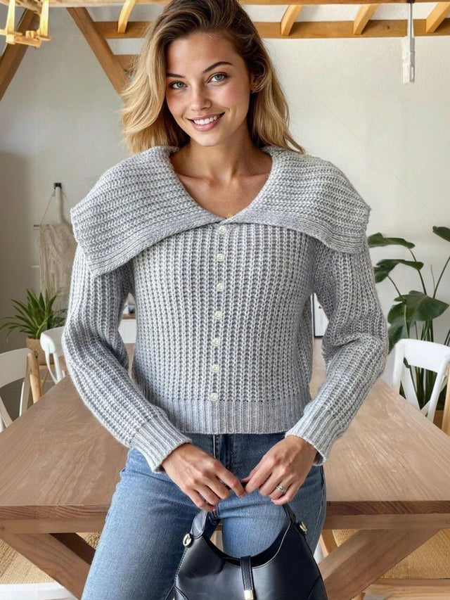 Ribbed Cardigan in Grey acrylic Style 379 - Nowi Korean Fashion