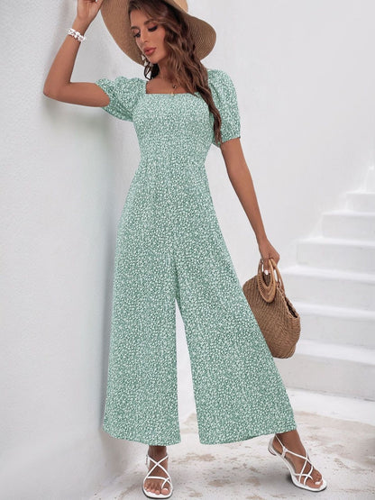 Printed Basic Jumpsuit in Green cotton - Nowi Korean Fashion