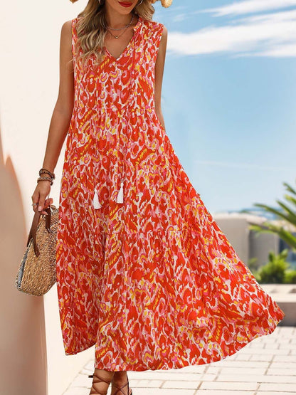 Women's Red Printed A-Line Midi Dress
