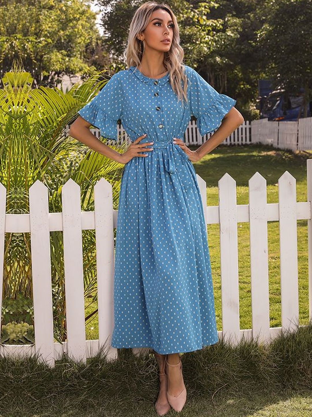 Polka Dot Print Flutter Sleeve Fit & Flare Midi Dress
