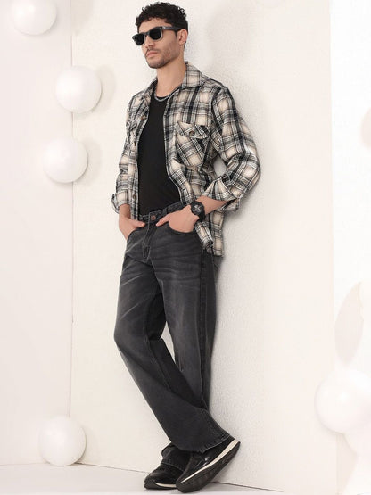 Printed Spread Collar Shackets in Black Cotton - Nowi Korean Fashion