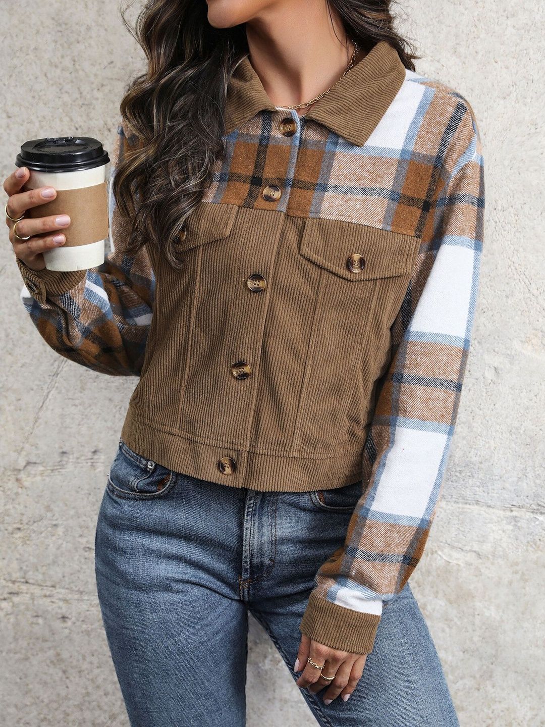 Women Checked Denim Jacket