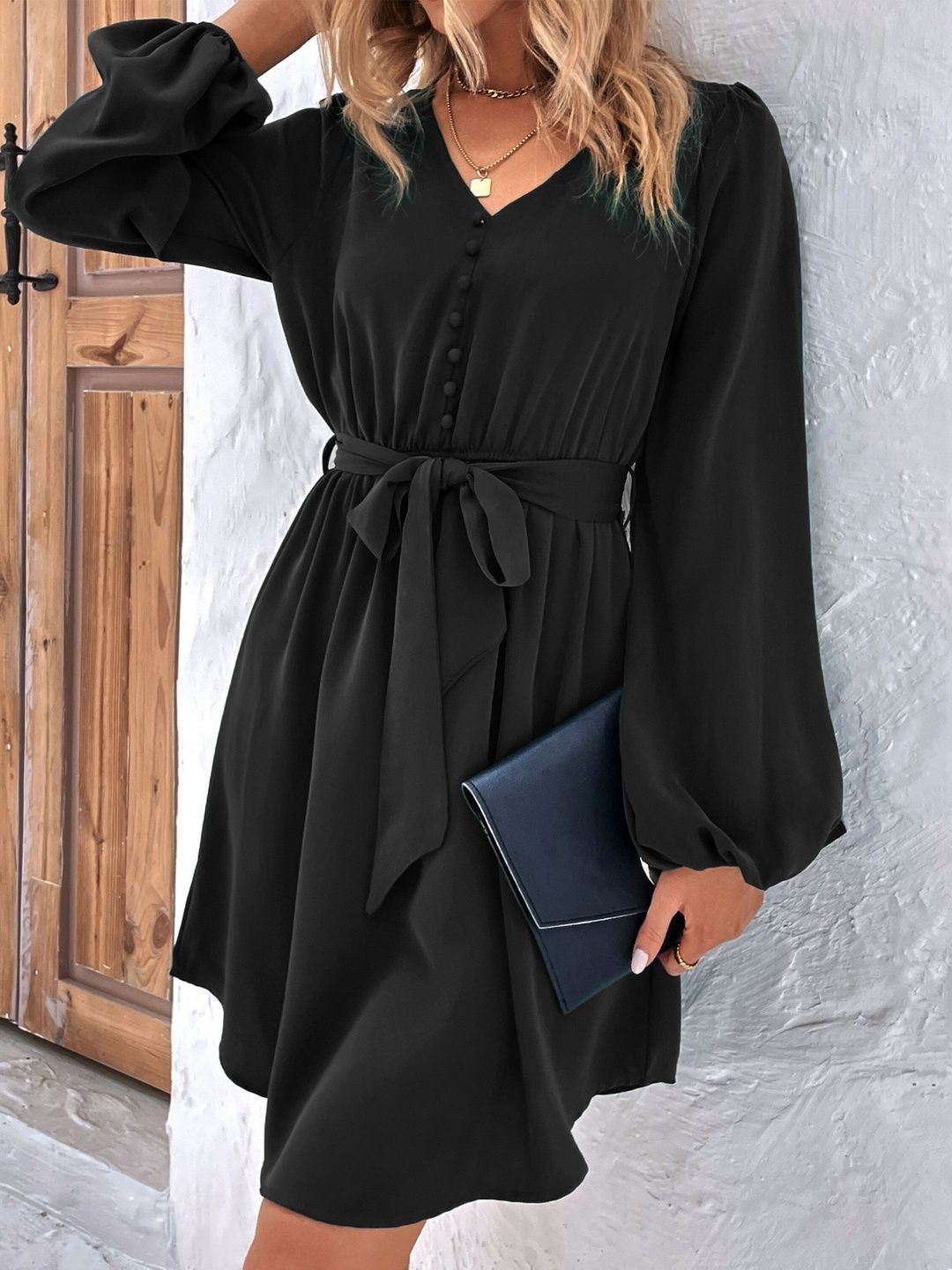 Women's Black Puff Sleeve A-Line Dress Blend Printed
