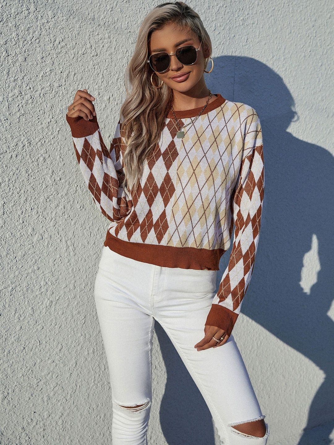 Women's Brown Argyle Checked Pullover