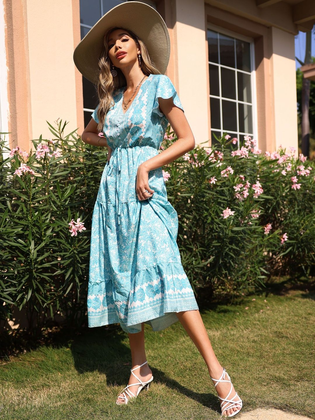 Floral Print Flutter Sleeve A-Line Midi Dress in Blue cotton - Nowi Korean Fashion